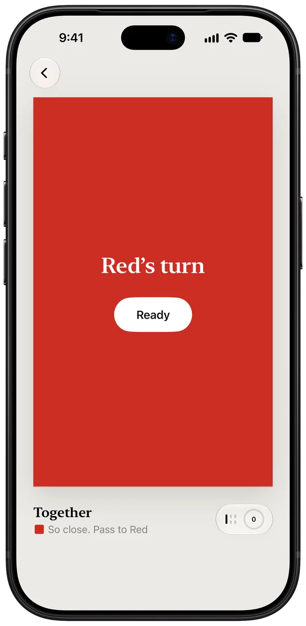Composition on an iPhone, passed between players: the canvas is red, and says “Red’s turn” above a Ready button.