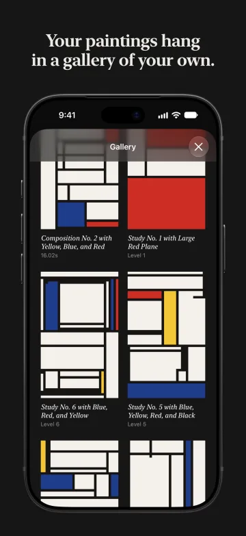 App Store screenshot: Your paintings hang in a gallery of your own.